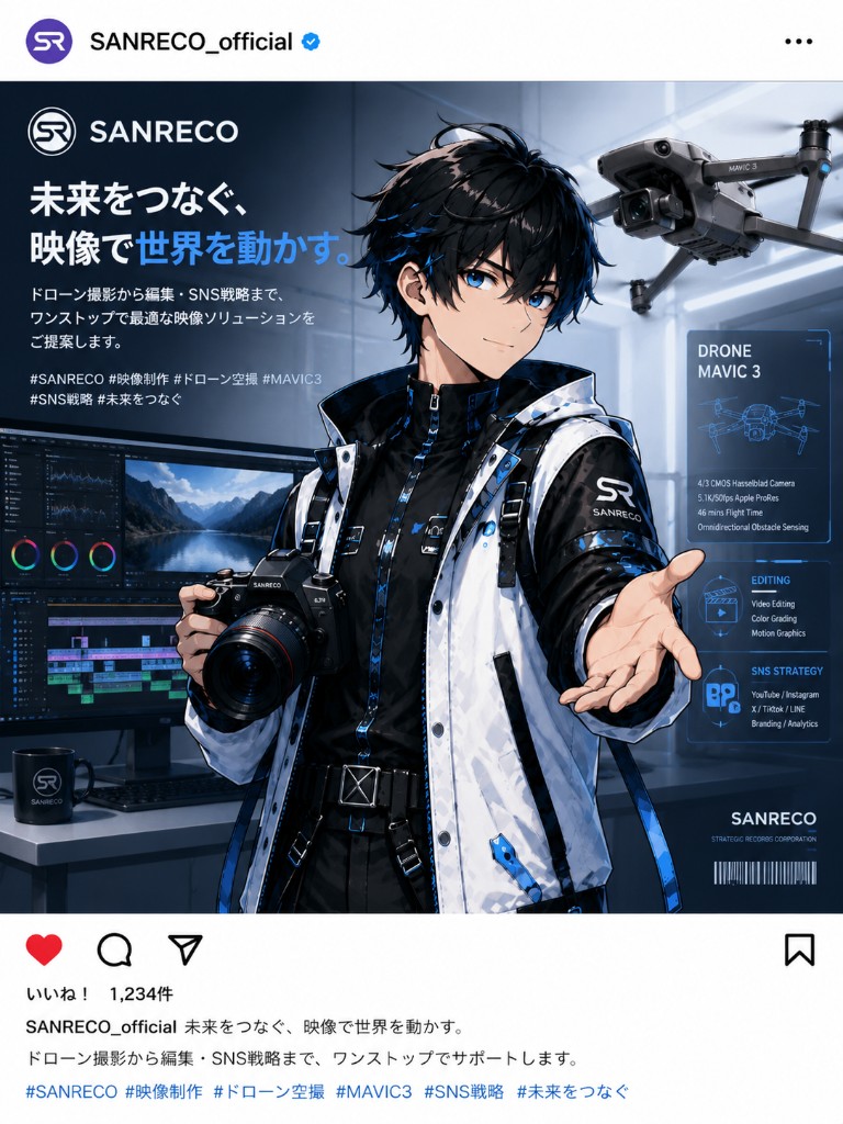 リュウセイ — 映像制作リーダー。撮影・AI編集・ドローンのビジュアル